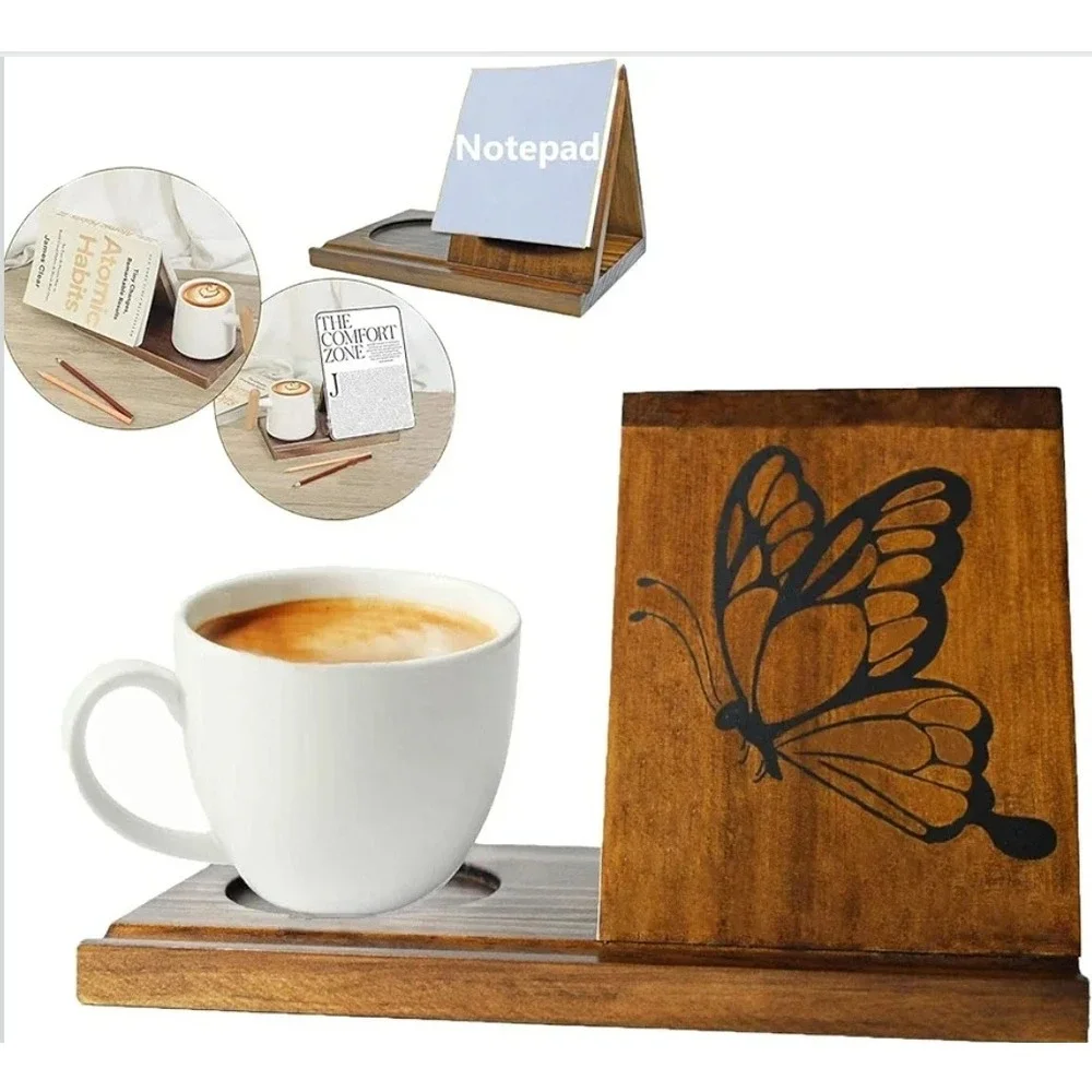 Wooden Butterfly Notepad Holder Desk Organizer Coffee Cup Stand NIB NEW Portable